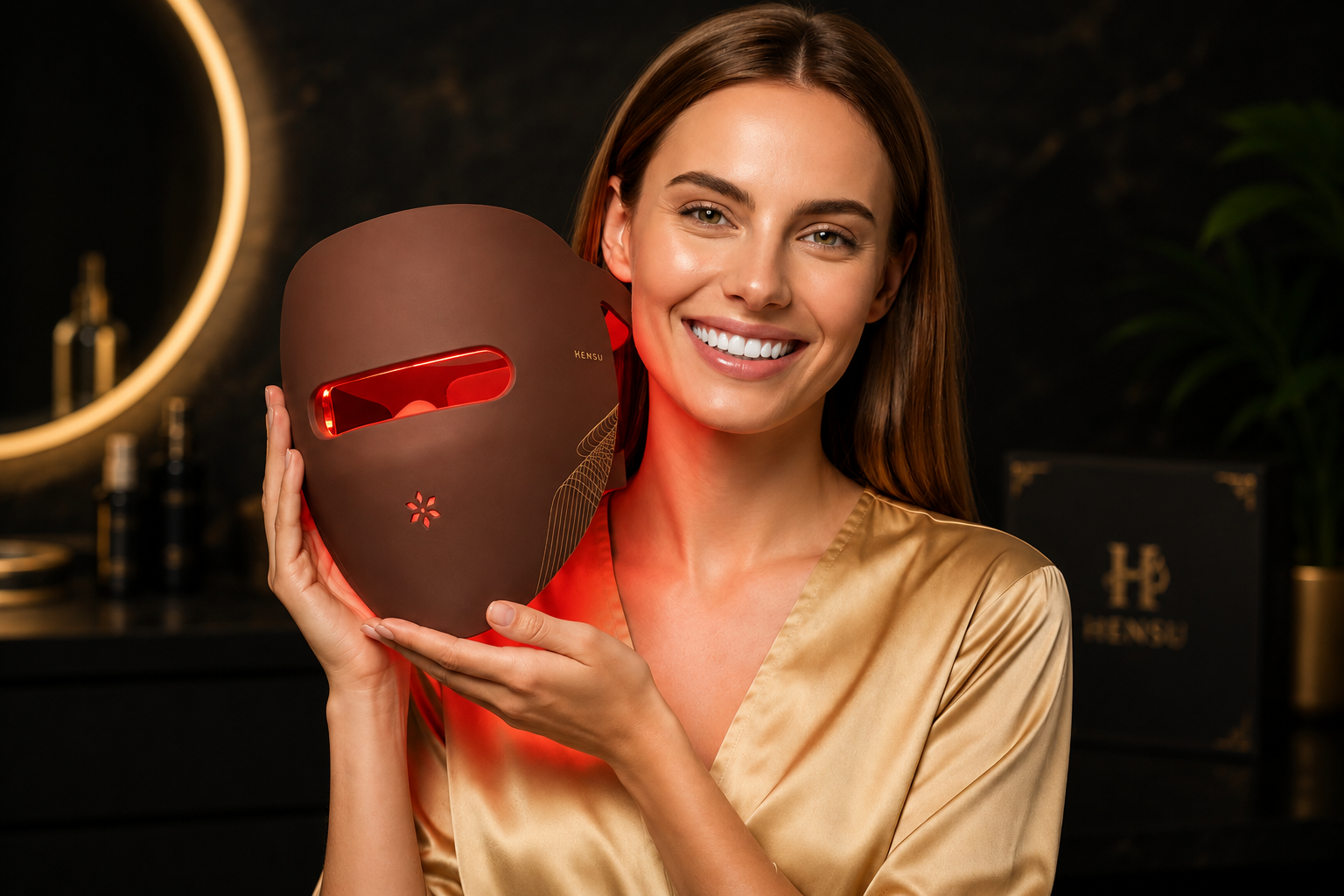 Woman holding a HENSU LED face mask